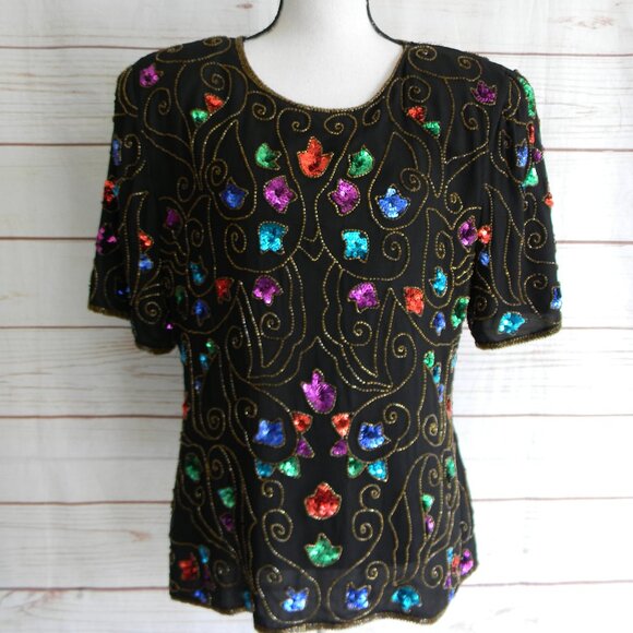 STENAY VINTAGE WM'S BLACK BEADED/SEQUIN SILK SHORT SLV BLOUSE TOP SZ XL - Picture 1 of 7